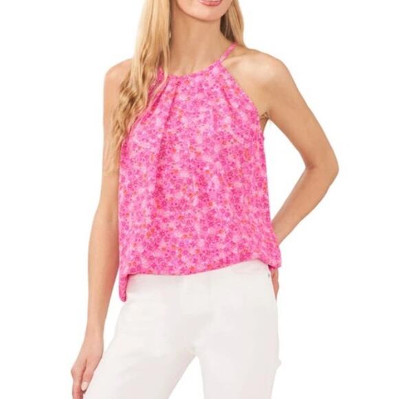 CeCe Women's Sleeveless Pleated Floral-Print Halter Top Pink Size XL - Picture 1 of 1